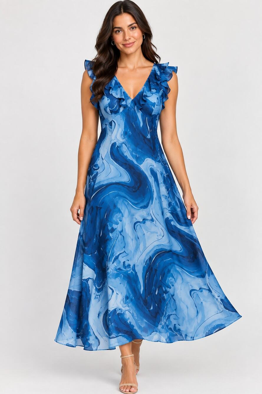 Time & Tru Dress Womens S Blue Marble Midi Maxi Ruffle Sleeve V Neck Silky NWT